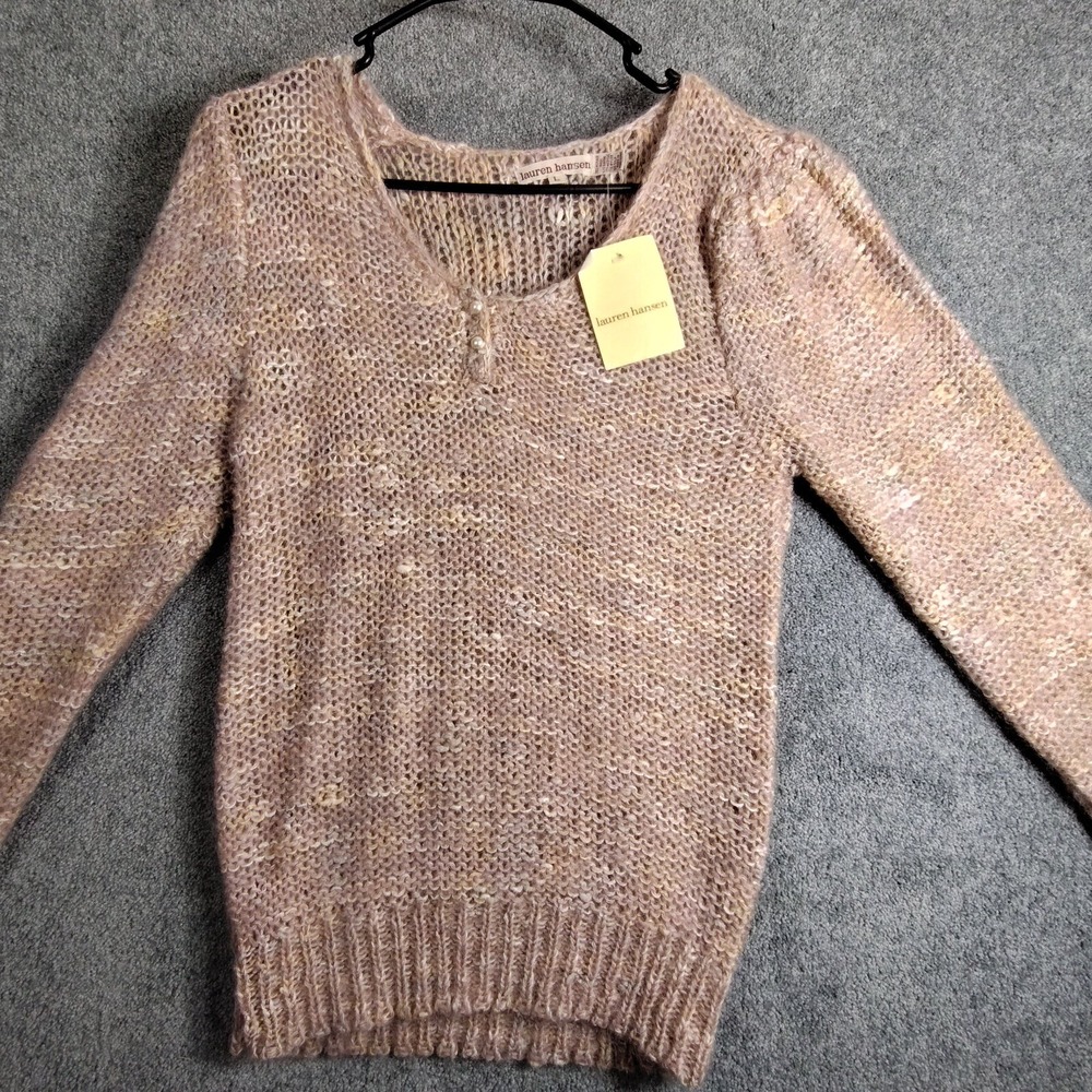 Lauren Hansen Pullover Sweater Womens L Open Knit Brown Pearl Accent NWT